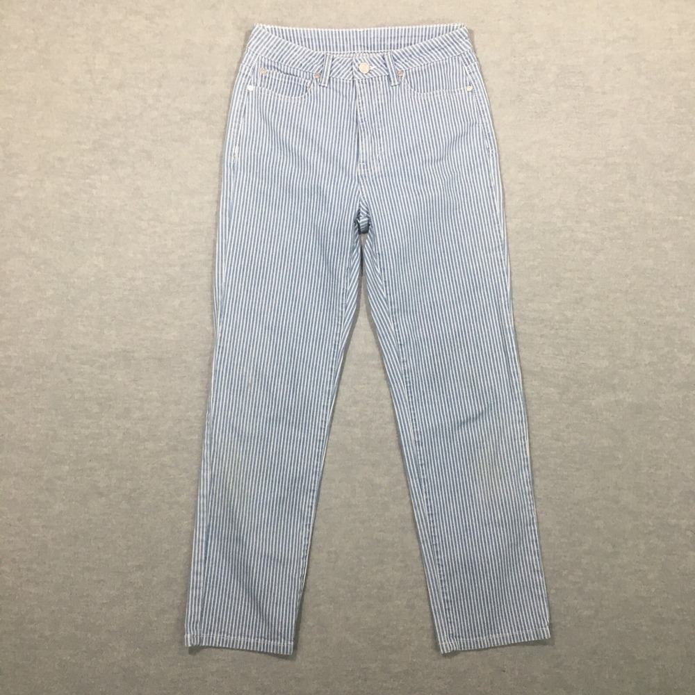 Soft Surroundings Sz 4 Blue Pinstripe Denim Pants Jeans Straight Leg High Waist
